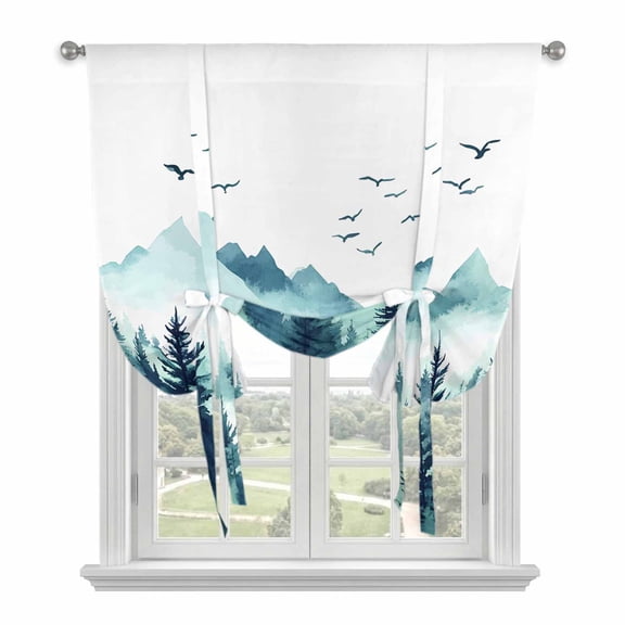 Turquoise Forest Tie Up Curtains for Windows, Adjustable Rod Pocket Valance Shade, Mountains Birds Fog Tree Scenery Light Filtering Window Treatment for Kitchen Bedroom Living Room 34"x 45"