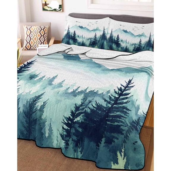 Turquoise Forest Twin XL Size Down Alternative Comforter, Lightweight Comforter Quilt Bedding Set with Pillow Shams Mountains Birds Fog Tree Scenery All Seasons Bed Comforter Duvet Insert 68"x98"