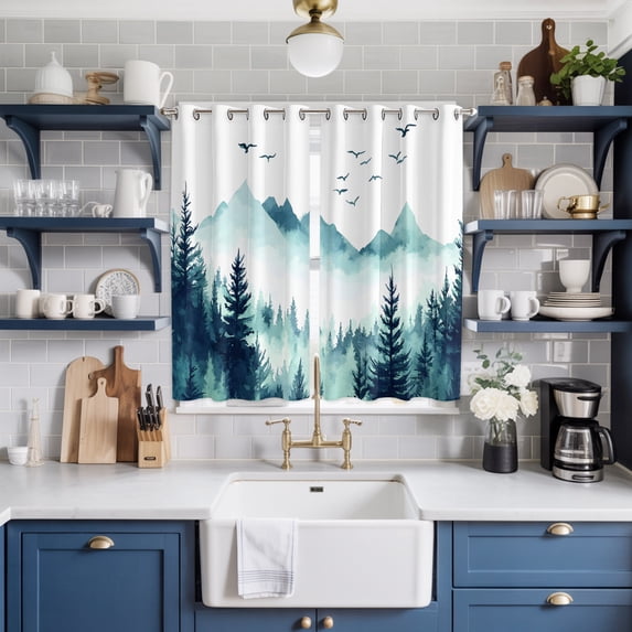 Turquoise Forest Window Curtains Panels with Silver Grommet, Mountains Birds Fog Tree Scenery Kitchen Cafe Curtain Draperies Window Treatment Set for Living Room/Bedroom/Laundry Room/Bathroom, 84x63