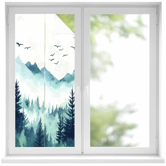 Turquoise Forest Window Privacy Film, Mountains Birds Fog Tree Scenery Static Cling UV Sun Blocking Heat Control Window Tint Day and Night, Non-Adhesive One Way Windows Privacy Cover 19.6''x39.3''
