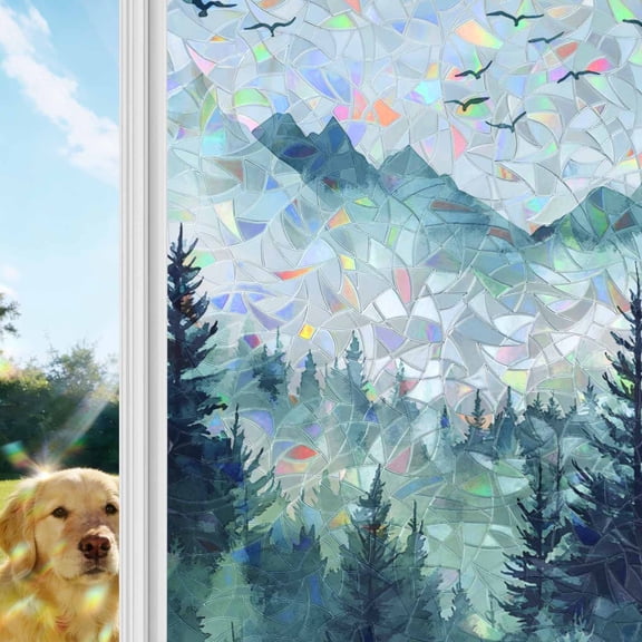 Turquoise Forest Window Privacy Film Stain Glass,Reusable Decorative Rainbow Window Film,Mountains Birds Fog Tree Scenery Static Cling Sun Blocking Stickers Decals Covers 17.7" x 39.3" (2pcs)