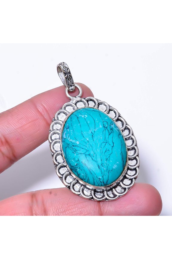 Turquoise Gemstone 925 Sterling Silver Handmade Pendant 2.34" P138