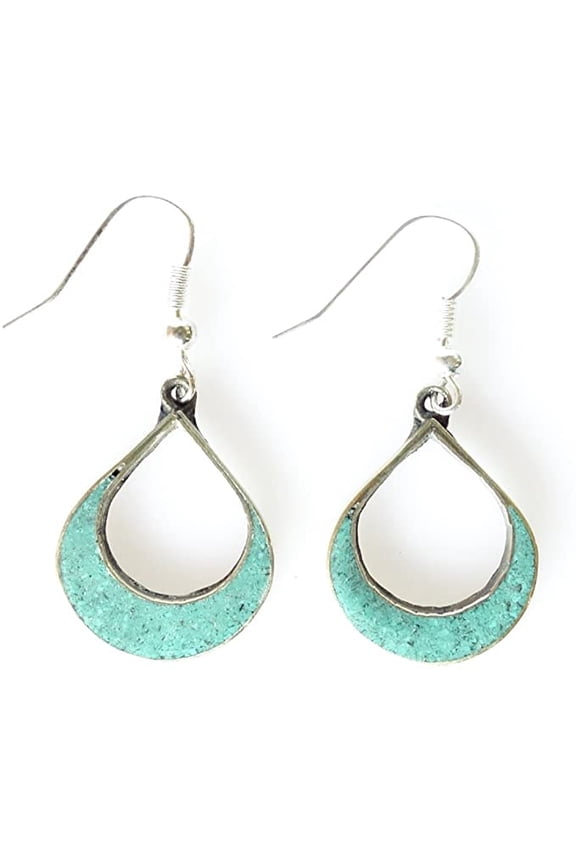 Turquoise Gemstone Inlay Boho Design Earrings For Women, Handmade Fashion Earring, Silver Plated Jewellery