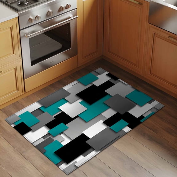 Turquoise Geometric 2x3 Rug for Entryway Front Door Kitchen Sink Area, Modern Abstract Black Gray Checkered Low Pile Washable Non Slip Rectangle Area Rug