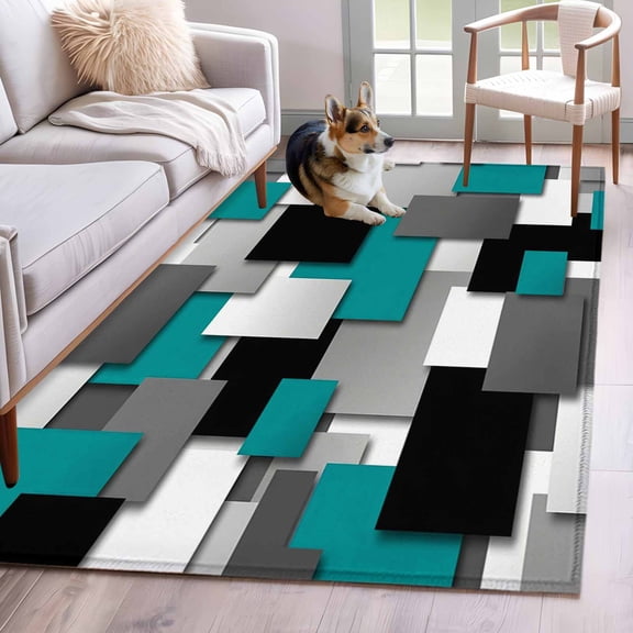 Turquoise Geometric Area Rugs 3x5 ft Modern Abstract Black Gray Checkered Washable Rug Non Slip Indoor Carpet Absorbent Floor Mat for Living Room Bedroom Dining Room