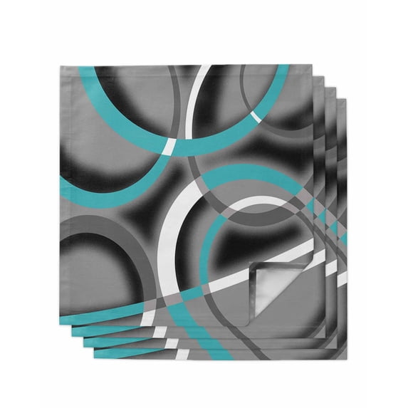Turquoise Geometric Cloth Napkins Set of 4 Reusable Dinner Napkins, Grey Classic Abstract Lines Striped Cocktail Napkin Washable Table Napkins for Wedding/Holiday Party/Baby Shower 20"x20"
