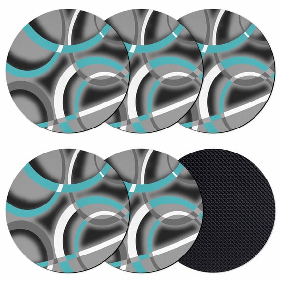 Turquoise Geometric Coasters Set of 6, Absorbent Coasters for Drinks, Grey Classic Abstract Lines Striped Coaster for Desk Coffee Table Protection, Home Decor House Warming Gifts 4"