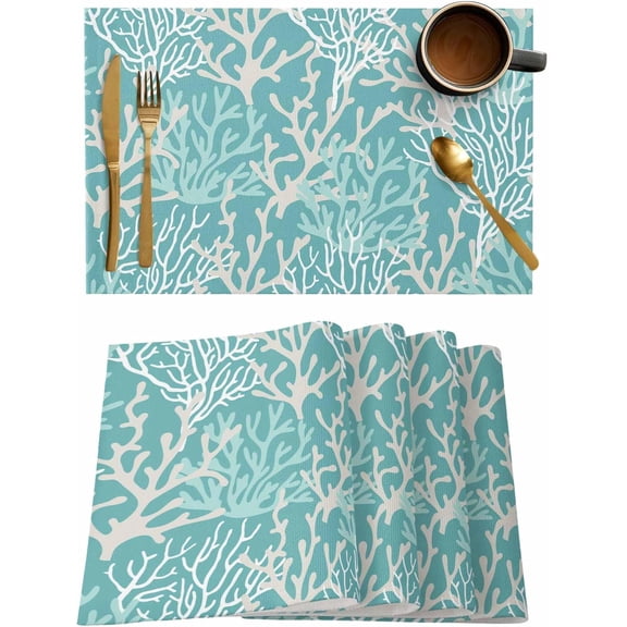 Turquoise Geometric Coral Placemats Set of 6,Washable Woven Burlap Cloth Fabric Placemat for Square/Rectangle/Round/Oval Dining Table,Easy Clean Place Mats for Kids Contemporary Minimalist White