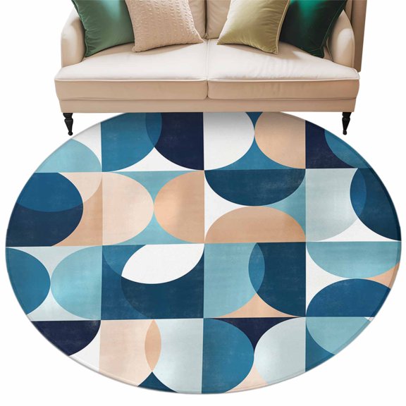 Turquoise Geometric Large Area Rugs for Bedroom Living Room, Soft Non Slip Carpet Bedside Rug, Modern Abstract European Art Round Floor Cover Kitchen Accent Rug 6' for Dining Room/Office