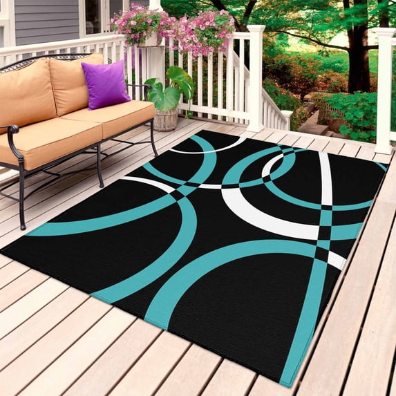 Turquoise Geometric Outdoor Rug for Patio/Deck/Porch, Non-Slip Large Area Rug 5 x 7 Ft, Modern Abstract Aesthetic Striped Art Indoor Outdoor Rugs Washable Area Rugs, Camping Rug Carpet Runner