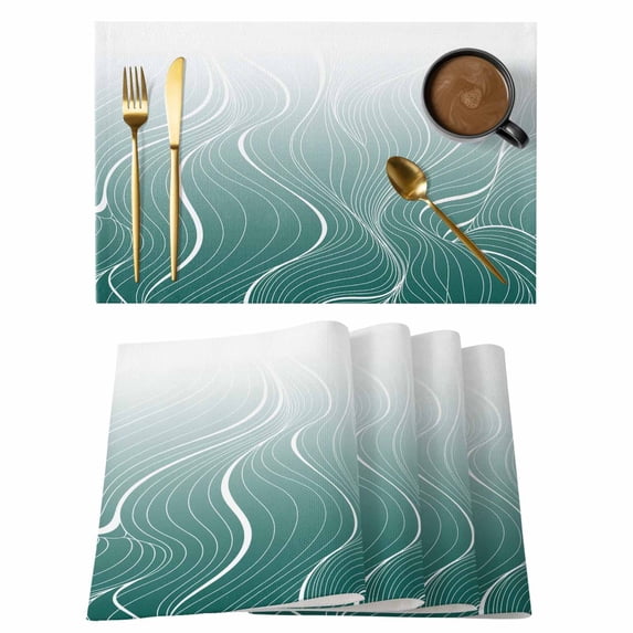 Turquoise Geometric Placemats Set of 4, Modern White Stripe Distortion Art Placemats for Dining Table, Place Mats for Kitchen Tabletop, Waterproof Wipeable Dining Table Mats Set