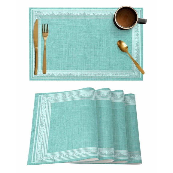 Turquoise Geometric Placemats Set of 4, White Greek Key Design Burlap Modern Art Placemats for Dining Table, Place Mats for Kitchen Tabletop, Waterproof Wipeable Dining Table Mats Set