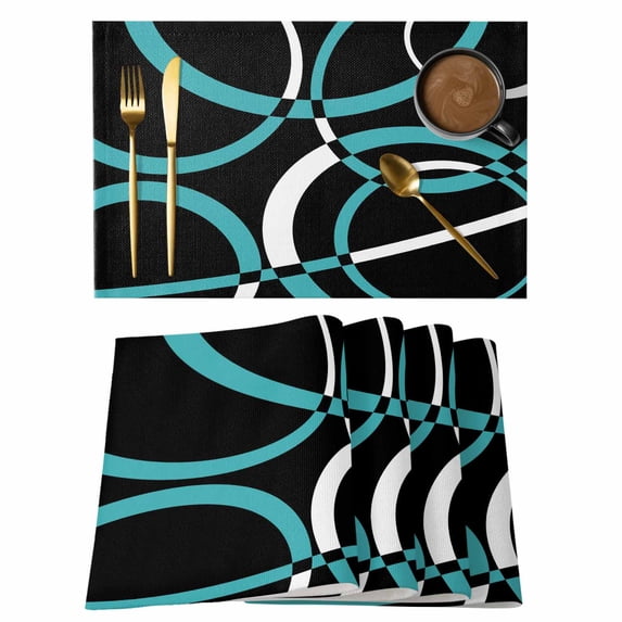 Turquoise Geometric Placemats Set of 8, Modern Abstract Aesthetic Striped Art Placemats for Dining Table, Place Mats for Kitchen Tabletop, Waterproof Wipeable Dining Table Mats Set