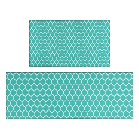 Turquoise Geometric Quatrefoil Pattern Kitchen Rugs Sets Of 2,Anti Fatigue Kitchen Mat Rugs Non Slip Washable,Decorative Kitchen Floor Mats for Kitchen,Sink,Laundry,17"x30"+17"x47"