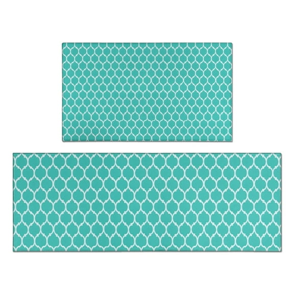 Turquoise Geometric Quatrefoil Pattern Kitchen Rugs Sets Of 2,Anti Fatigue Kitchen Mat Rugs Non Slip Washable,Decorative Kitchen Floor Mats for Kitchen,Sink,Laundry,17"x30"+17"x47"