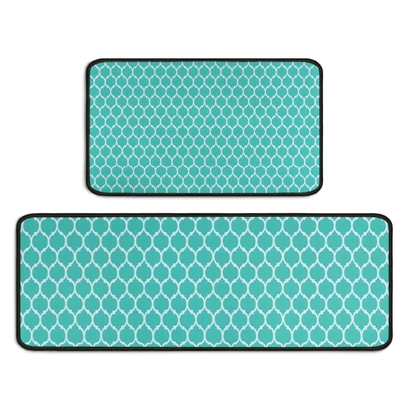 Turquoise Geometric Quatrefoil Pattern Kitchen Rugs Sets Of 2,Anti Fatigue Kitchen Mat Rugs Non Slip Washable,Decorative Kitchen Floor Mats for Kitchen,Sink,Laundry,17"X30"+17"X47"