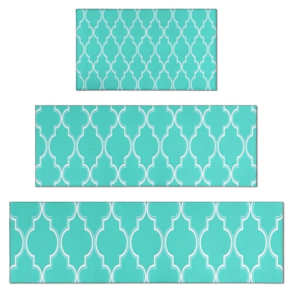 Turquoise Geometric Quatrefoil Pattern Kitchen Rugs Sets Of 3,Kitchen Runner Rugs Non Skid Washable,Decorative Kitchen Floor Mats for Kitchen,Sink,Laundry,17"x30"+ 17"x47" + 17"x59"