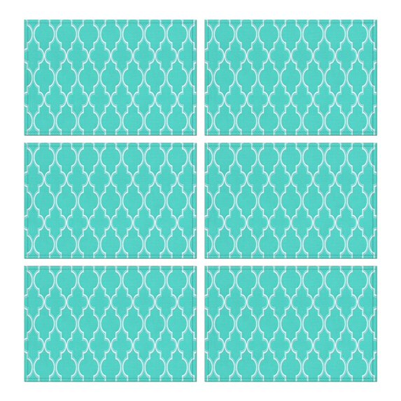 Turquoise Geometric Quatrefoil Pattern Summer Placemats Table Placemats Set Of 6-Linen Kitchen Washable Placemats Table Mats 11.8"x17.7" Non-Slip Heat Resistant