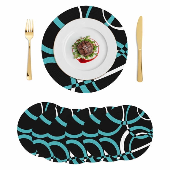 Turquoise Geometric Round 13 Inch Placemats Set of 6, Modern Abstract Aesthetic Striped Art HeatResistant Non Slip Place Mats for Dining Table, Wipeable Braided Kitchen Table Mats for Housewarming