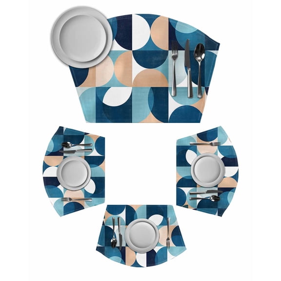 Turquoise Geometric Round Table Placemats Set of 2 Wedge Placemats, Modern Abstract European Art Place Mats for Dining Table Set Washable Mats Kitchen Decor for Indoor Outdoor Wipe Clean