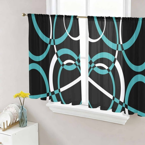 Turquoise Geometric Semi Sheer Curtains 45 Inch Length 2 Panels Set, Modern Abstract Aesthetic Striped Art Sheer Kitchen Curtain Privacy Voile Window Curtain for Living Room Bedroom Rod Pocket Drapes