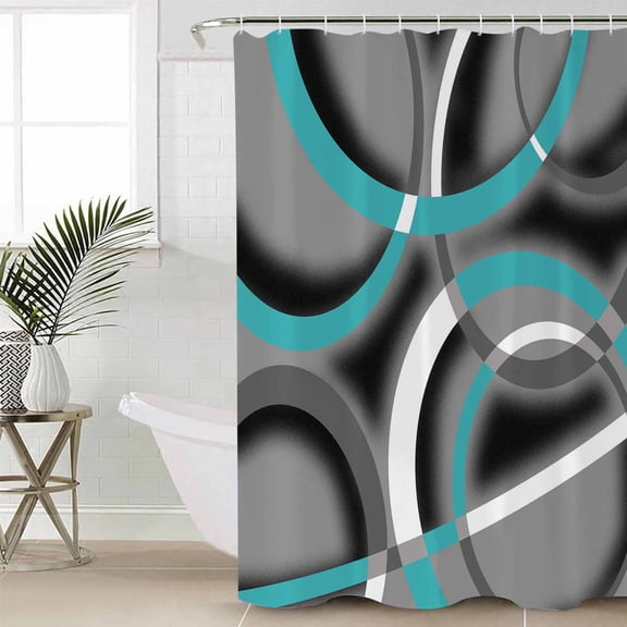 Turquoise Geometric Shower Curtain Set, Waterproof Shower Curtains for Bathroom, Grey Classic Abstract Lines Striped Washable Fabric Cloth Bath Curtain for Bathtub Decoration with Hooks 72x78 Inches