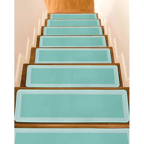 Turquoise Geometric Stair Treads Non Slip Indoor for Wooden Steps, White Greek Key Design Abstract Modern Art 10 Pcs Stair Mats for Elders Dogs, 8 x 30 Inch Carpet Treads Runner Rugs for Staircase