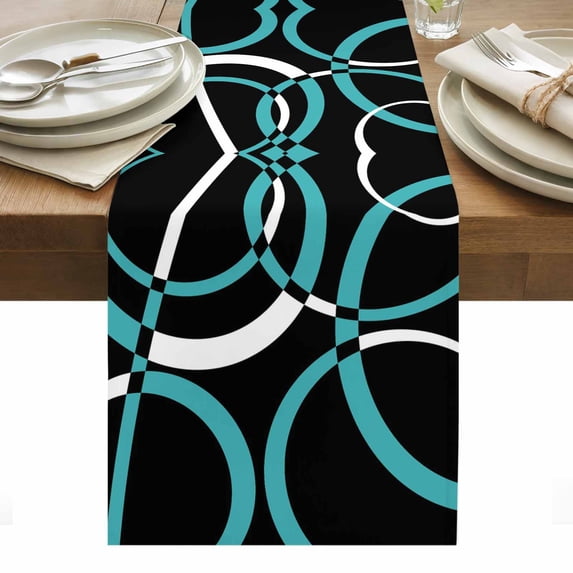 Turquoise Geometric Table Runner - 108 Inch Long, Kitchen Dining Table Runner Dresser Scarves, Modern Abstract Aesthetic Striped Art Farmhouse Decor for Coffee Tables Wedding Party Banquet