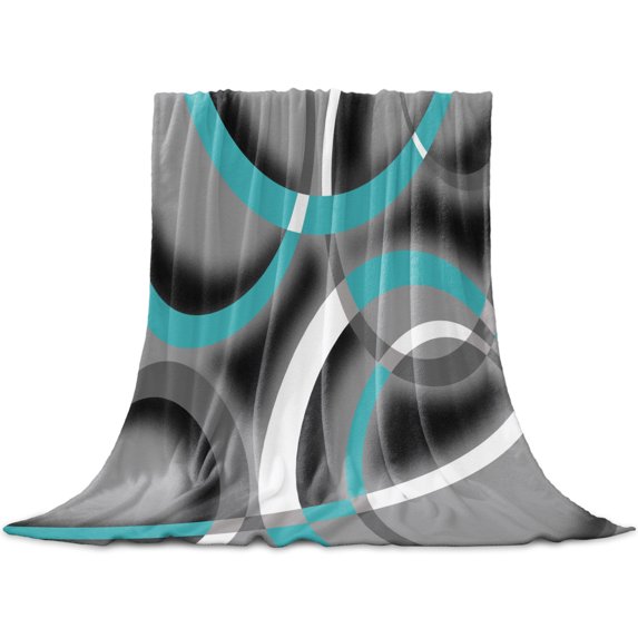 Turquoise Geometric Throw Blanket for Couch, Soft Lightweight Flannel Fleece Blanket, Grey Classic Abstract Lines Striped Microfiber Plush All Season Decorative Blankets Gifts for Sofa Bed 50"x60"