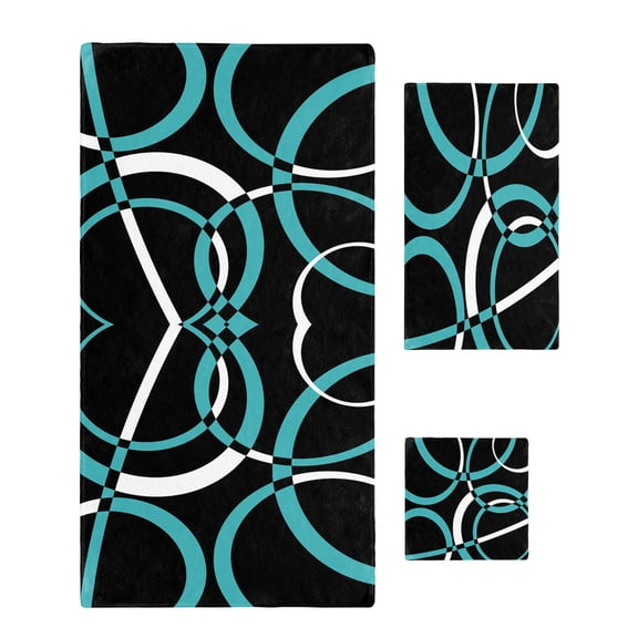 Turquoise Geometric Towel Set of 3, Soft Microfiber Bath Towels, Hand Towel, Washcloths, Modern Abstract Aesthetic Striped Art Quick-Dry Absorbent Towels for Bathroom Kitchen Hotel Beach Gym Spa