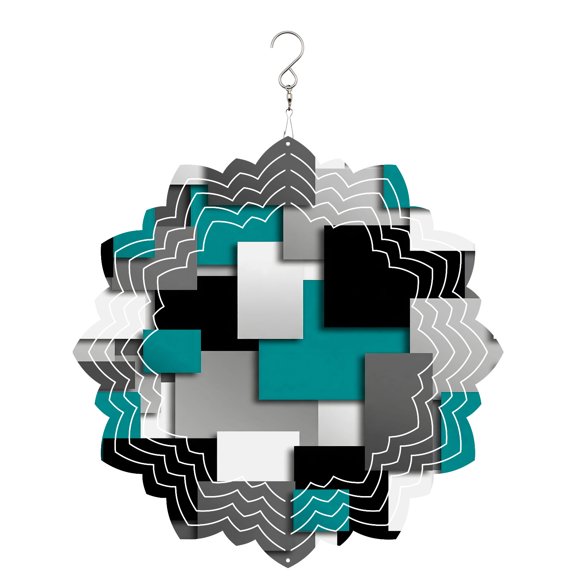 Turquoise Geometric Wind Spinner for Garden Yard 8In, Modern Abstract Black Gray Checkered 3D Stainless Steel Kinetic Hanging Wind Spinners Rustproof Outdoor Decor for Lawn Patio Home