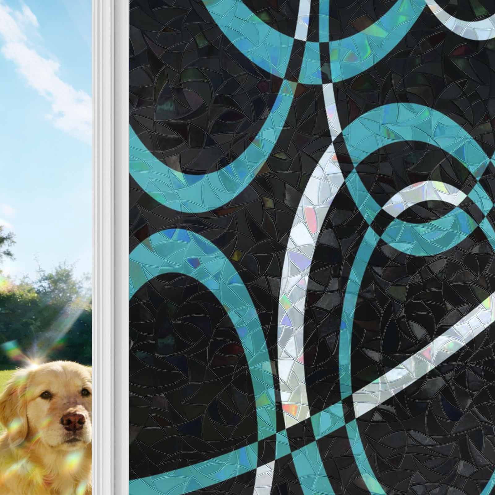 Turquoise Geometric Window Privacy Film Stain Glass,Reusable Decorative Rainbow Window Film,Modern Abstract Aesthetic Striped Art Static Cling Sun Blocking Stickers Decals Covers 17.7" x 39.3" (2pcs)