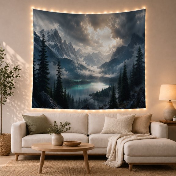 Turquoise Glacial Lake Beneath Snowy Mountain Peaks, Dramatic Fantasy Art for Nature Lovers, Alpine Wilderness Decor, Housewarming Gift, Tapestry Wall Hanging for Bedroom and Den