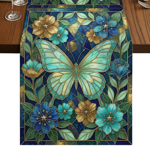 Turquoise Glass Butterflies Burlap Cotton Table Runner 13x72 Inches Long, Luxury Bronze Floral Marble Farmhouse Table Runners, Outdoor Dining Table Decor for Baby Shower/Party/Wedding