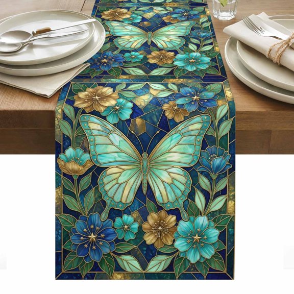 Turquoise Glass Butterflies Table Runner Luxury Bronze Floral Marble Tablerunners 13 x 36 Inch, Table Decorations Tabletop Scarf for Summer Gathering Holiday Farmhouse Kitchen Dining Decor