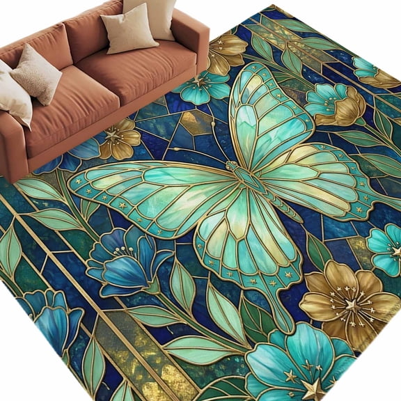 Turquoise Glass Butterflies Washable Rug 5x8 Area Rugs for Living Room, Luxury Bronze Floral Marble Large Bedroom Rug Non-Slip Low Pile Floor Carpet for Dining Room Kitchen Office Laundry Nursery