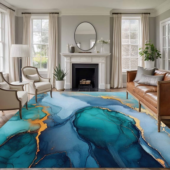 Turquoise Gold 6'x9' Area Rug for Living Room, Modern Teal Blue Marble Textured Washable Non-Slip Floor Mat Rugs for Bedroom Dining Room, Indoor Large Carpet for Classroom, Nursery Rugs for Playroom