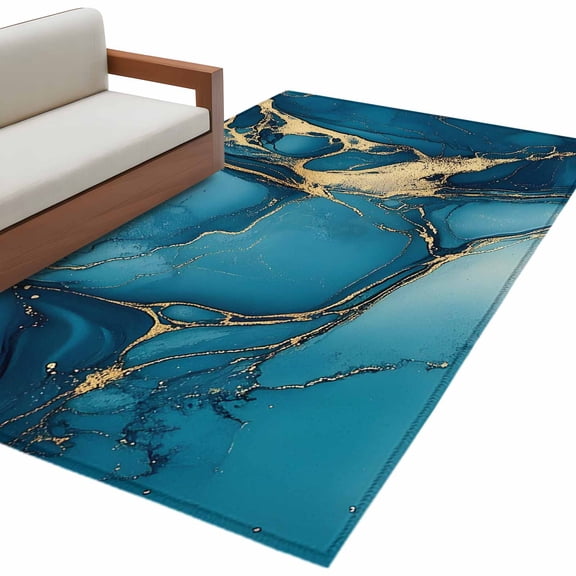 Turquoise Gold Area Rug 4x6ft Marble Abstract Cracks Texture Modern Art Non-Slip Washable Square Rugs Soft Felt Indoor Floor Mat for Bedroom Kitchen Living Room Bathroom