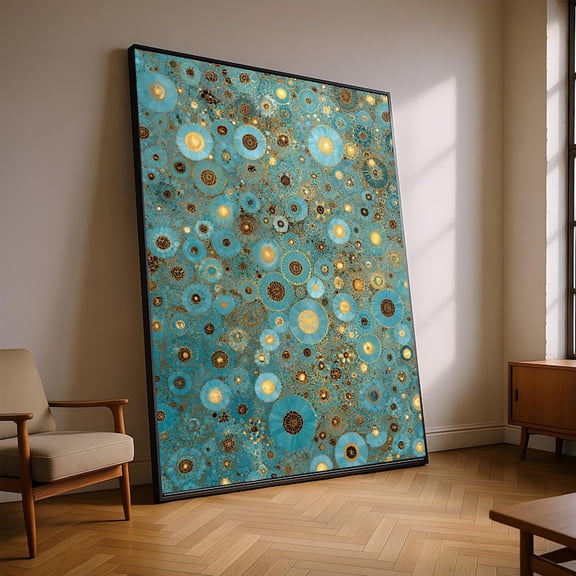 Turquoise Gold Circle Pattern Canvas Wall Art Abstract Modern Decor 8x12 UNFRAMED