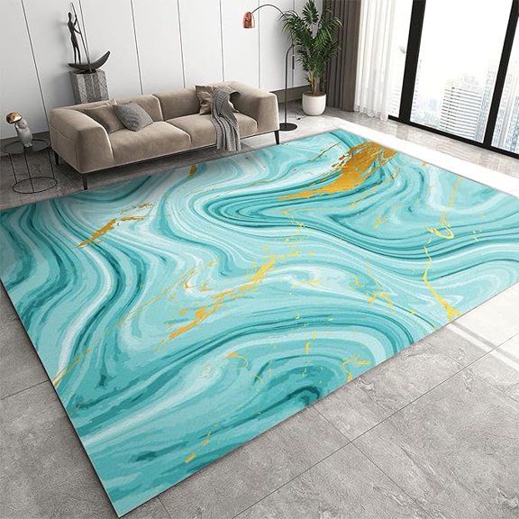 Turquoise Gold Marble Area Rug, Modern Abstract Rug For Living Room, Indoor Carpet Non-Slip Breathable Washable Rug For Bedroom Study Dining Room Office 4 x 6ft