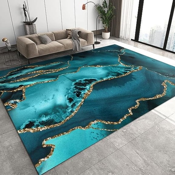 Turquoise Gold Marble Area Rugs, Modern Light Luxury Geometric Gold Stripes Art Home Large Decor Rug, For Living Room Bedroom Dining Room Office 5' x 6'