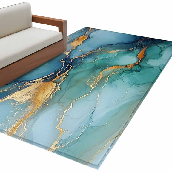 Turquoise Gold Marble Area&nbsp;Rug 4x6ft Modern Non-Slip&nbsp;Washable Square&nbsp;Rugs Soft Felt Indoor Floor Mat for Bedroom Kitchen Living Room Bathroom