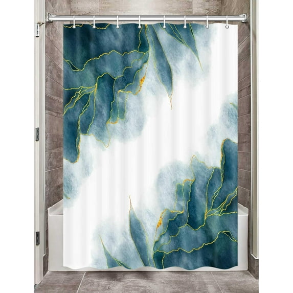 Turquoise and Gold Marble Camper Shower Curtain for Travel Trailer Bathroom, Modern Abstract Camping Narrow Fabric Shower Curtains Set, Happy Camp Decor Accessories with Hooks 47X64 Inch