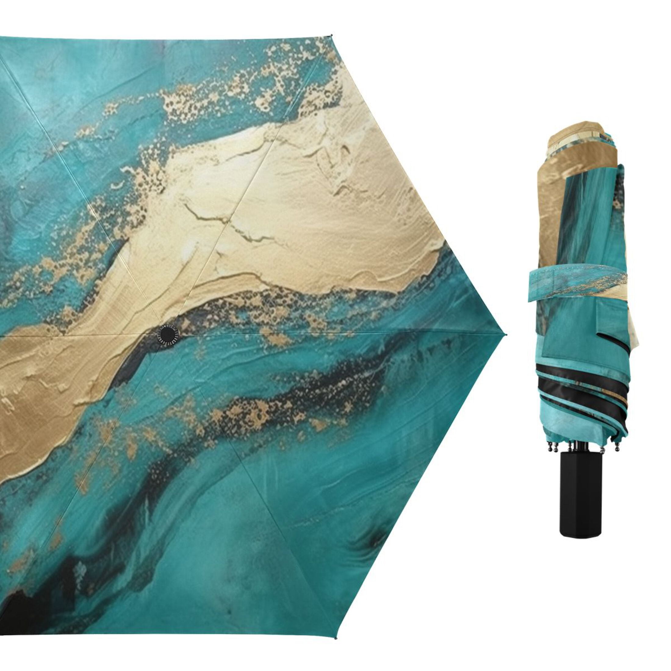 Turquoise Gold Marble Compact Sun Umbrella Windproof Travel Umbrellas for Rain Strong Portable UV Protection