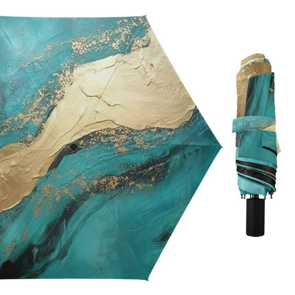 Turquoise Gold Marble Compact Sun Umbrella Windproof Travel Umbrellas for Rain Strong Portable UV Protection