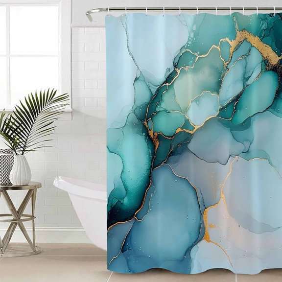 Turquoise Gold Marble Long Shower Curtain Set, Waterproof Shower Curtains for Bathroom, Abstract Teal Modern Geometric Washable Fabric Cloth Bath Curtain for Bathtub with Hooks 72x84 Inches