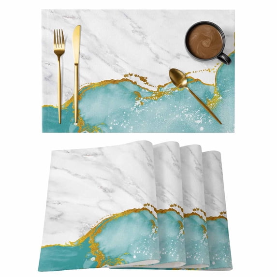 Turquoise Gold Marble Placemats Set of 8, Modern Abstract Marble Crack Texture Placemats for Dining Table, Place Mats for Kitchen Tabletop, Waterproof Wipeable Dining Table Mats Set