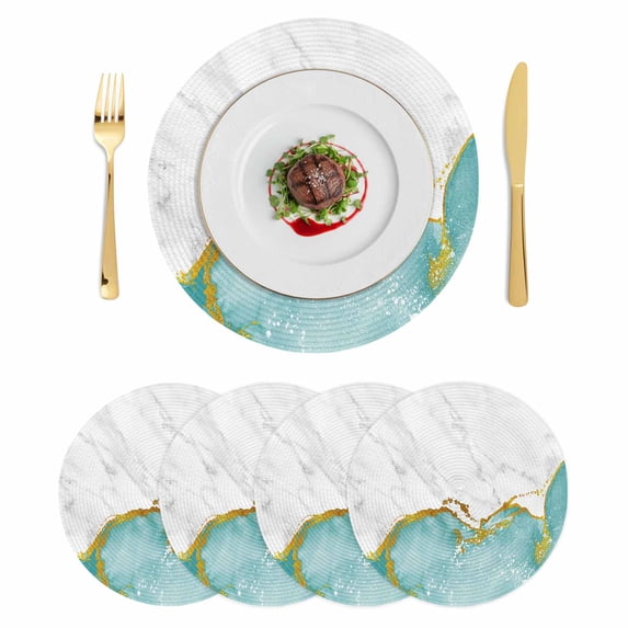 Turquoise Gold Marble Round 15 Inch Placemats Set of 4, Modern Abstract Marble Crack Texture HeatResistant Non Slip Place Mats for Dining Table, Wipeable Braided Kitchen Table Mats for Housewarming
