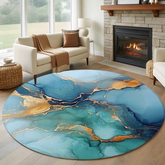 Turquoise Gold Marble Round Rugs for Living Room 6ft Modern Turquoise Blue Abstract Non Slip Circle Rug Washable Low-Profile Indoor Carpet for Bedroom, Dining Room, Bathroom
