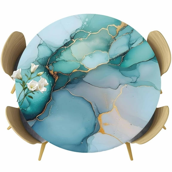 Turquoise Gold Marble Round Tablecloth 55-60 Inch Round Fitted Table Cloth with Elastic Edge, Abstract Teal Modern Geometric Waterproof Table Cover Protector for Outdoor Picnic Party Dining